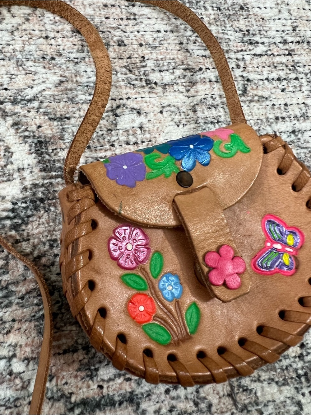 Artisan Crafted Leather Mini Purse Floral Emboss Made In Mexico